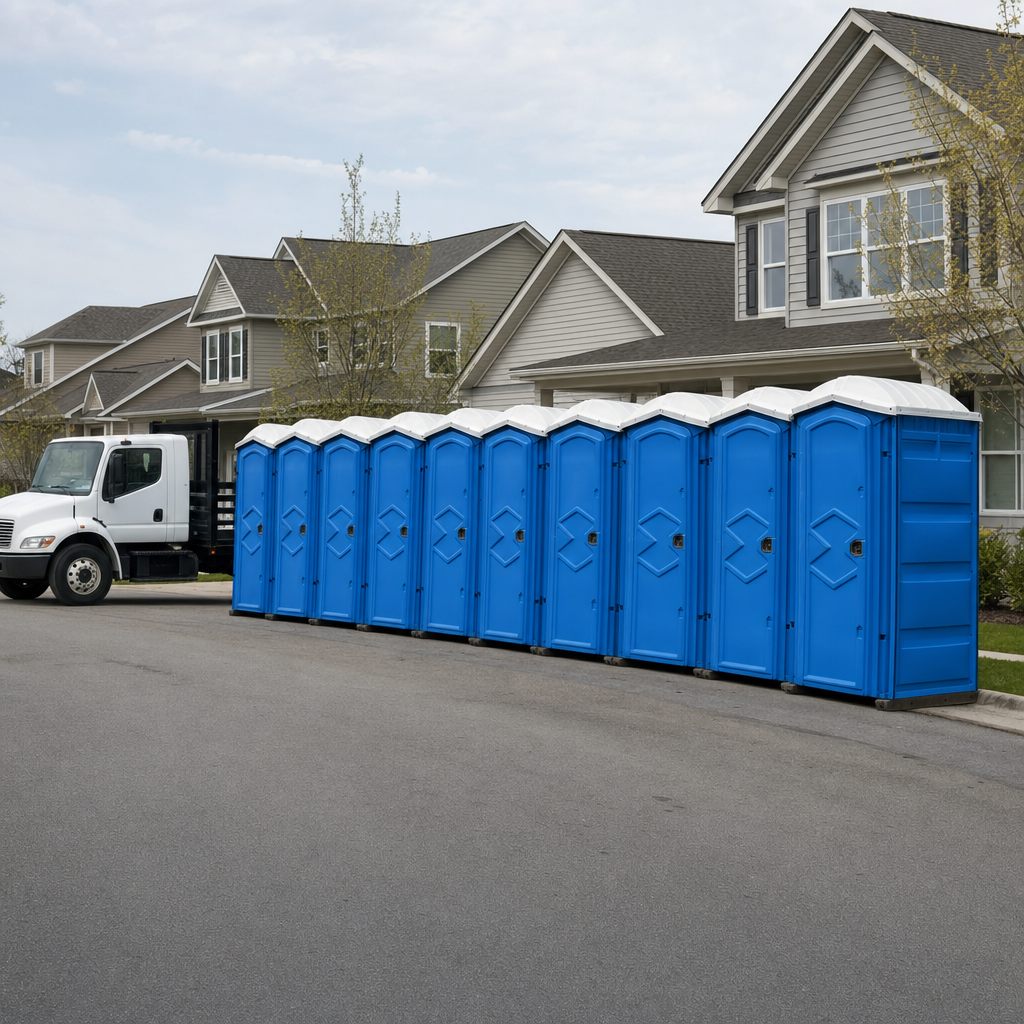 Royal blue portable toilets staged in a tidy row at a Queens jobsite, ready for delivery